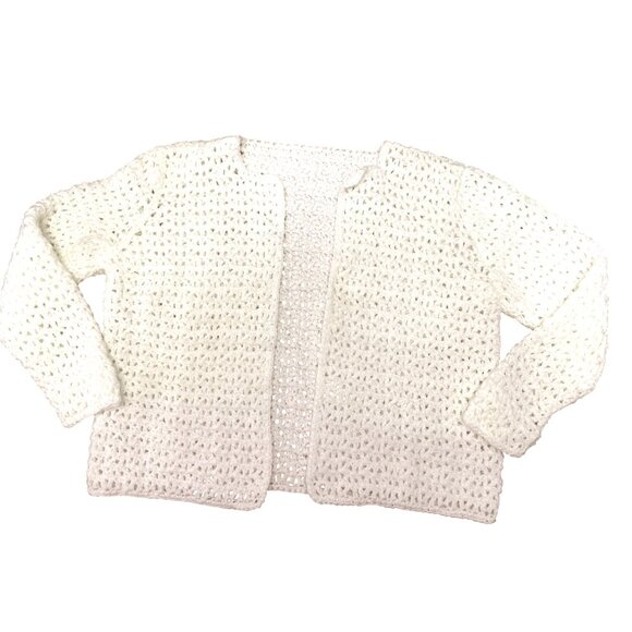 CCC Handmade White Crochet Cardigan Sweater Long Sleeve Open Front Cozy Warm Med - Picture 5 of 6